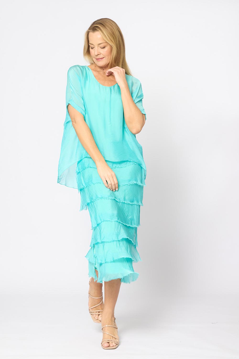 Model Genericm wearing size sample of the Silk Blend Multi Layers Dress - Acqua in colour Acqua, from the front