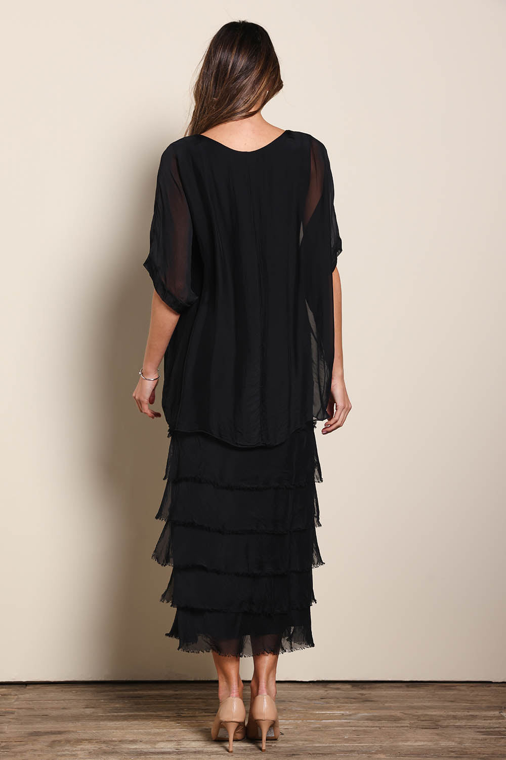 Model Maddiec wearing size 10 of the Silk Blend Multi Layers Dress - Black in colour Black, from the front