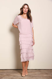 Model Maddiec wearing size 10 of the Silk Blend Multi Layers Dress - Blush in colour Blush, from the front
