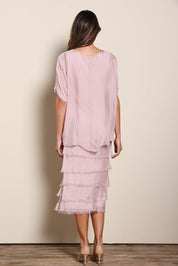 Model Maddiec wearing size 10 of the Silk Blend Multi Layers Dress - Blush in colour Blush, from the front