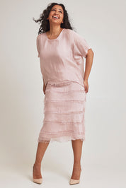 Model Terri-Leigh wearing the Silk Blend Multi Layers Dress in colour Blush (Pink), from the front, showing the whole outfit