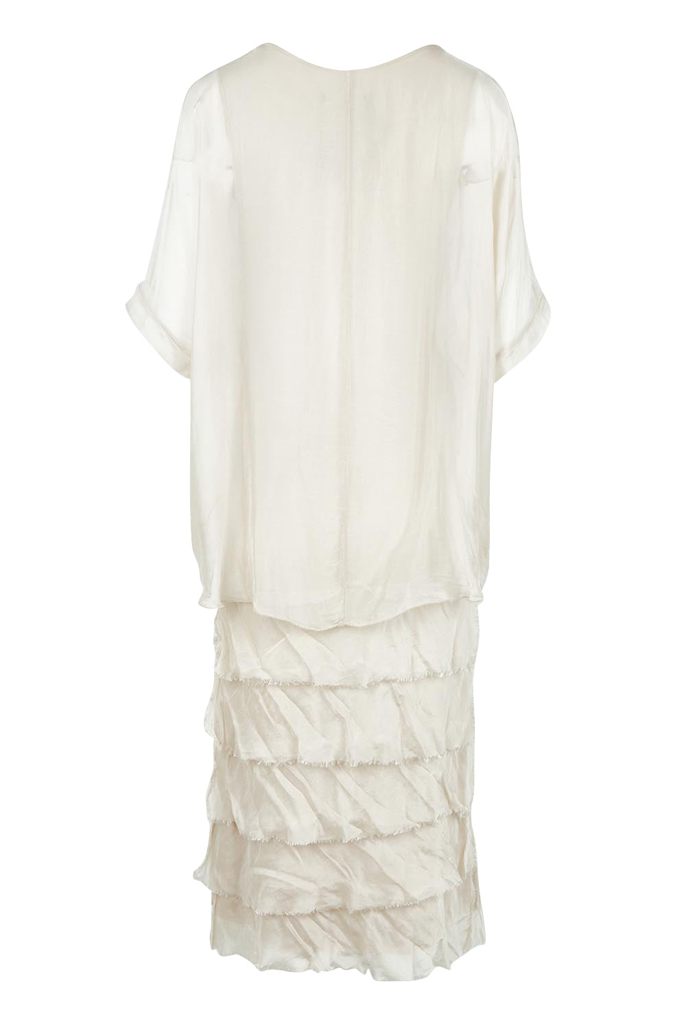 Product shot of the Silk Blend Multi Layers Dress in colour Champagne (White), from the back