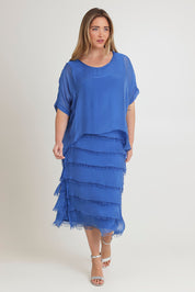 Model Chanel wearing the Silk Blend Multi Layers Dress in colour Cobalt (Blue), from the front, showing the whole outfit