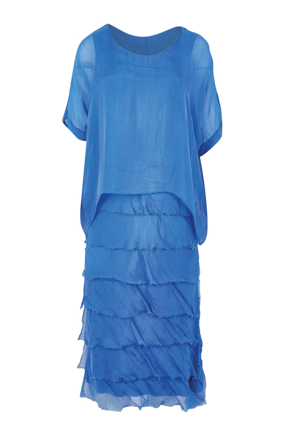 Product shot of the Silk Blend Multi Layers Dress in colour Cobalt (Blue), from the front