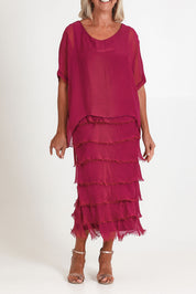 Model Sandy wearing the Silk Blend Multi Layers Dress in colour Orchidea (Purple), from the front, cropped image