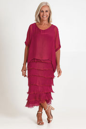 Model Sandy wearing the Silk Blend Multi Layers Dress in colour Orchidea (Purple), from the front, showing the whole outfit