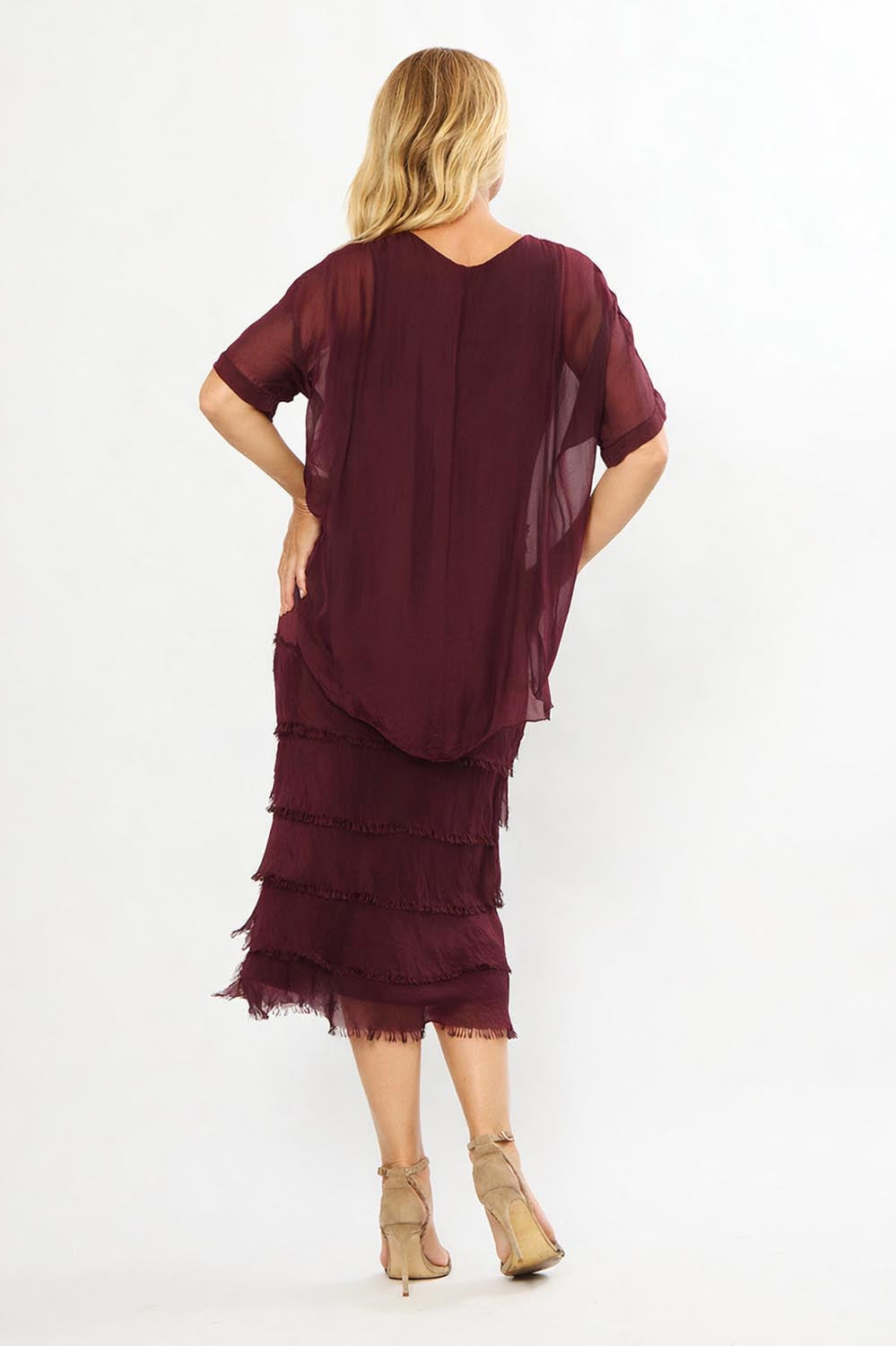 Model Genericm wearing size sample of the Silk Blend Multi Layers Dress - Wine in colour Wine, from the front
