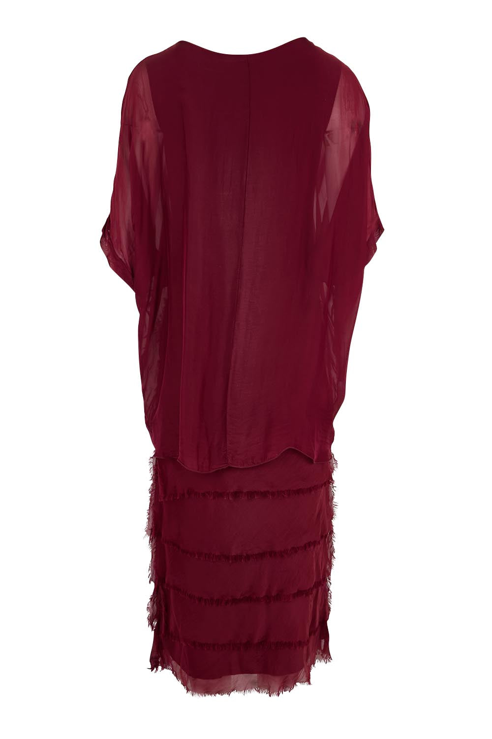 Product shot of the Silk Blend Multi Layers Dress - Wine in colour Wine, from the back