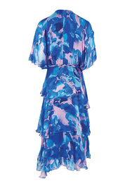 Product shot of the Short Sleeve Silk Print Dress in colour Cobaltpink (Blue), from the back