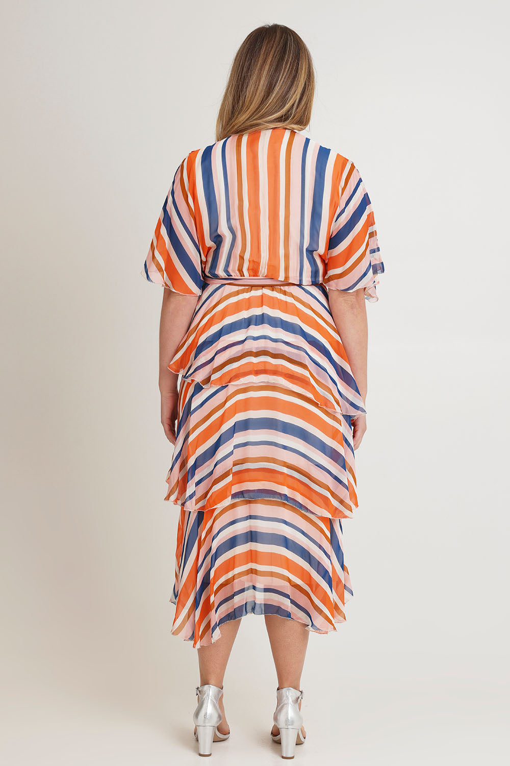 Model Chanel wearing the Short Sleeve Silk Print Dress in colour Orangenavy, from the back