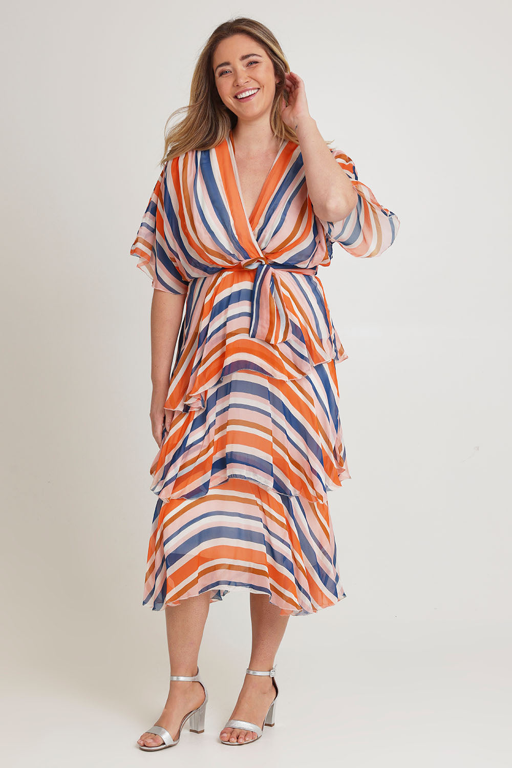 Model Chanel wearing the Short Sleeve Silk Print Dress in colour Orangenavy, from the front, showing the whole outfit