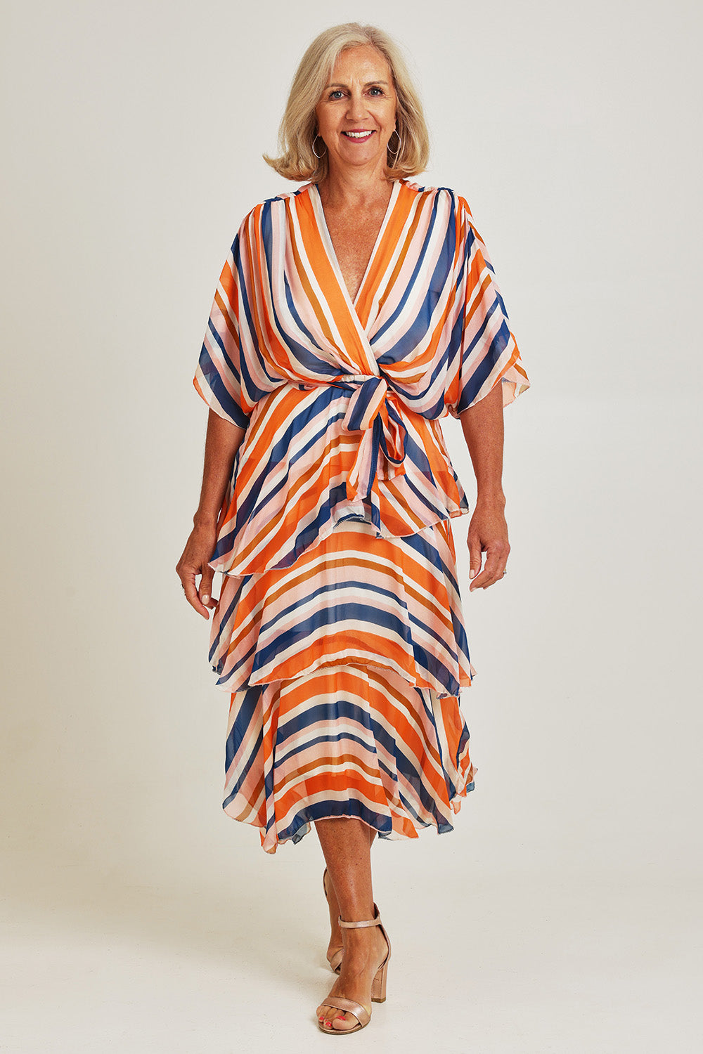 Model Sandy wearing the Short Sleeve Silk Print Dress in colour Orangenavy, from the front, showing the whole outfit