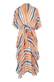 Product shot of the Short Sleeve Silk Print Dress in colour Orangenavy, from the front