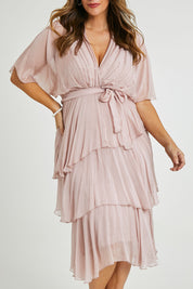Model Laura wearing the Short Sleeve Silk Dress in colour Blushpink (Pink), from the front, cropped image