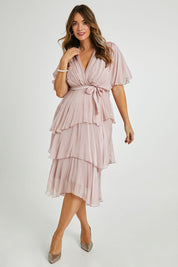 Model Laura wearing the Short Sleeve Silk Dress in colour Blushpink (Pink), from the front, showing the whole outfit