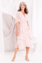 Model Luisa wearing the Short Sleeve Silk Dress in colour Blushpink (Pink), from the front, showing the whole outfit