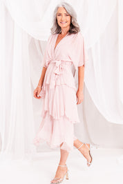 Model Luisa wearing the Short Sleeve Silk Dress in colour Blushpink (Pink), from the front, showing the whole outfit
