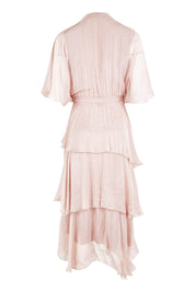 Product shot of the Short Sleeve Silk Dress in colour Blushpink (Pink), from the back