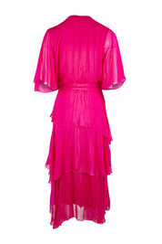 Product shot of the Short Sleeve Silk Dress in colour Raspberry (Pink), from the back