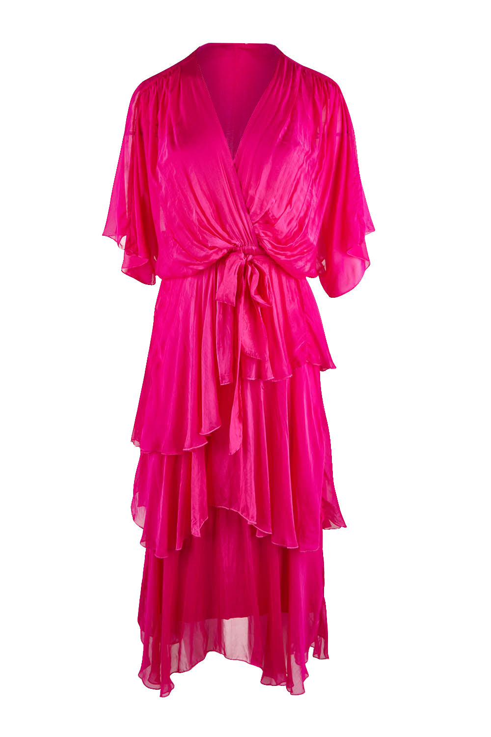 Product shot of the Short Sleeve Silk Dress in colour Raspberry (Pink), from the front