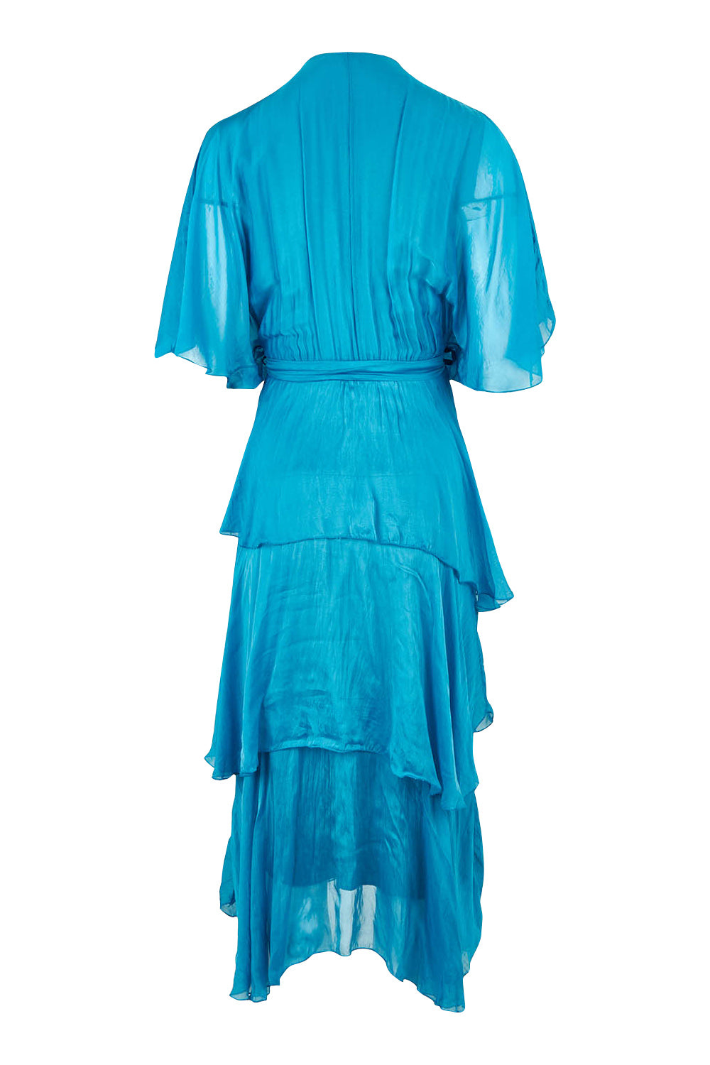 Product shot of the Short Sleeve Silk Dress in colour Teal (Blue), from the back