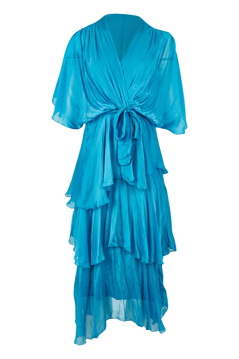 Product shot of the Short Sleeve Silk Dress in colour Teal (Blue), from the front
