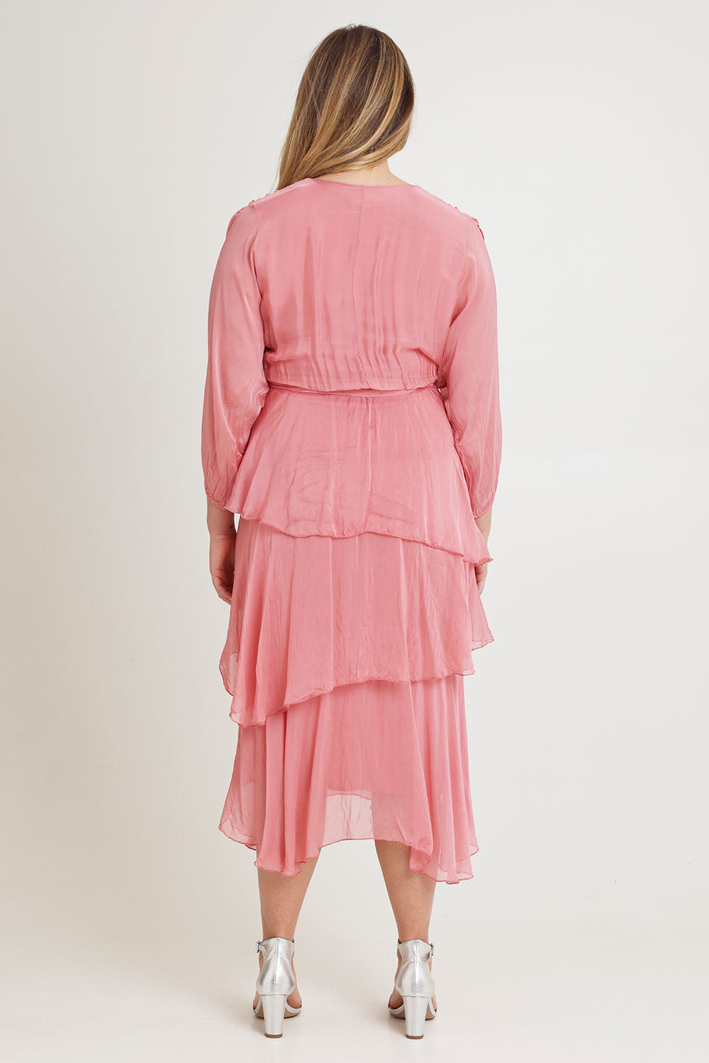 Model Chanel wearing the Long Sleeve Silk Dress in colour Darkpink (Pink), from the back