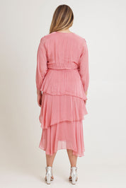 Model Chanel wearing the Long Sleeve Silk Dress in colour Darkpink (Pink), from the back