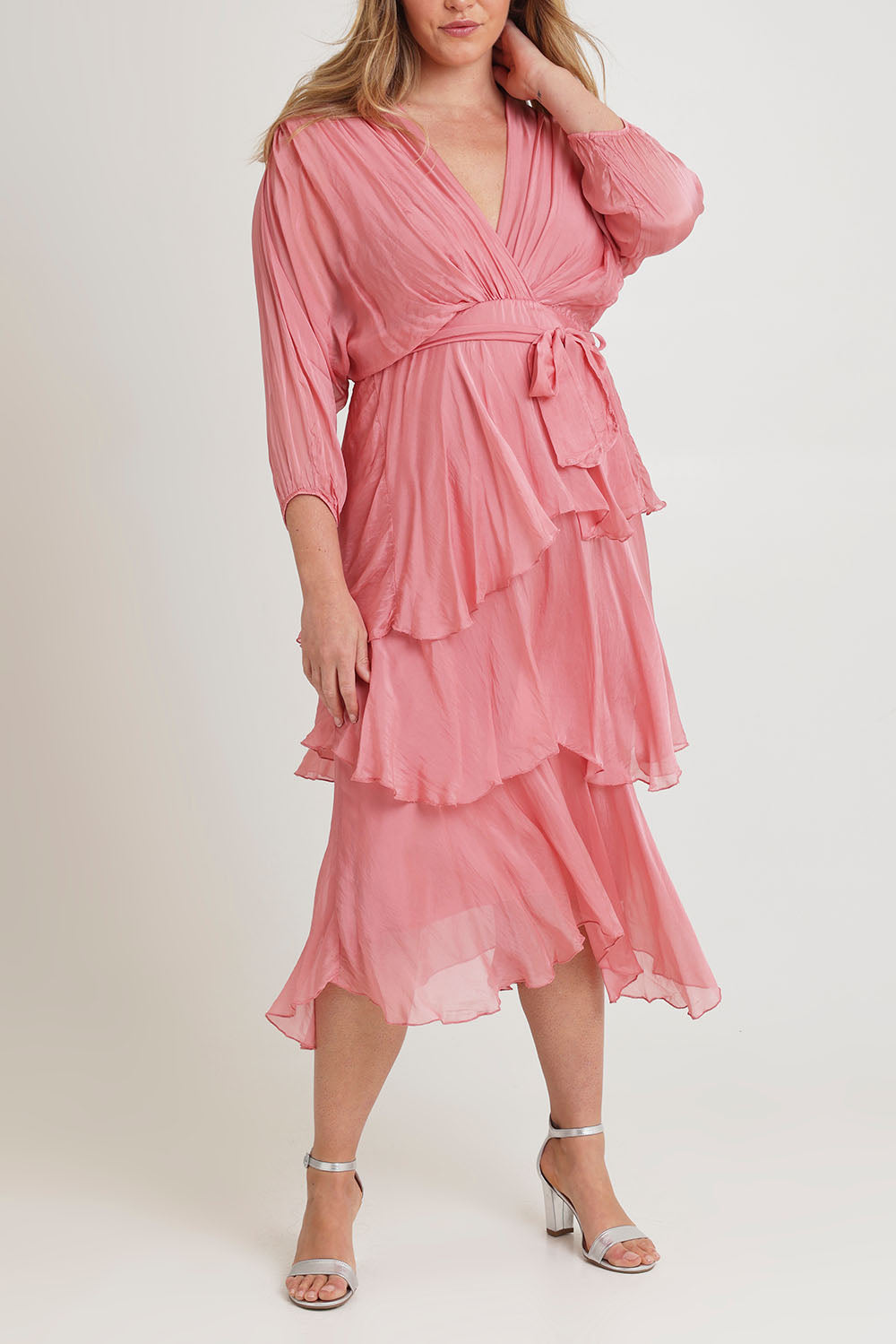 Model Chanel wearing the Long Sleeve Silk Dress in colour Darkpink (Pink), from the front, cropped image