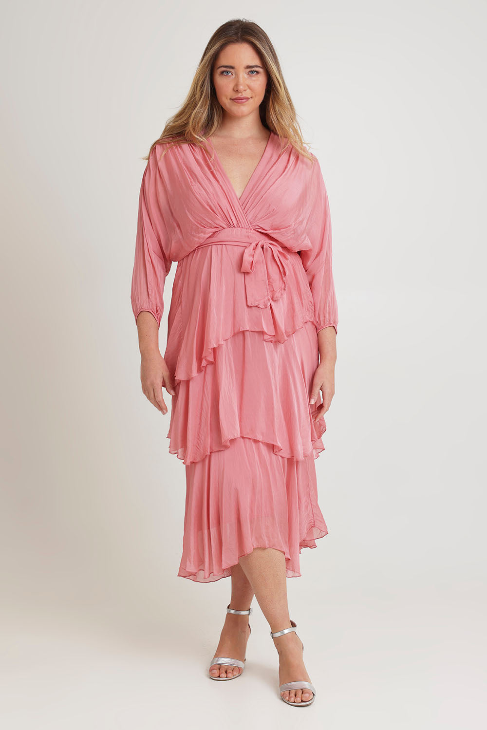 Model Chanel wearing the Long Sleeve Silk Dress in colour Darkpink (Pink), from the front, showing the whole outfit