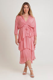 Model Chanel wearing the Long Sleeve Silk Dress in colour Darkpink (Pink), from the front, showing the whole outfit