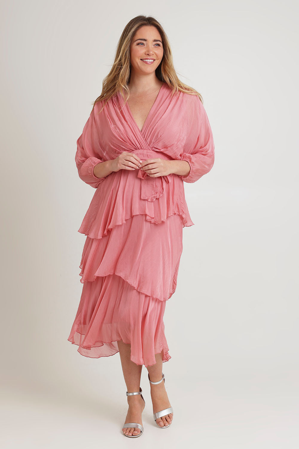 Model Chanel wearing the Long Sleeve Silk Dress in colour Darkpink (Pink), from the front, showing the whole outfit