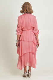 Model Sandy wearing the Long Sleeve Silk Dress in colour Darkpink (Pink), from the back