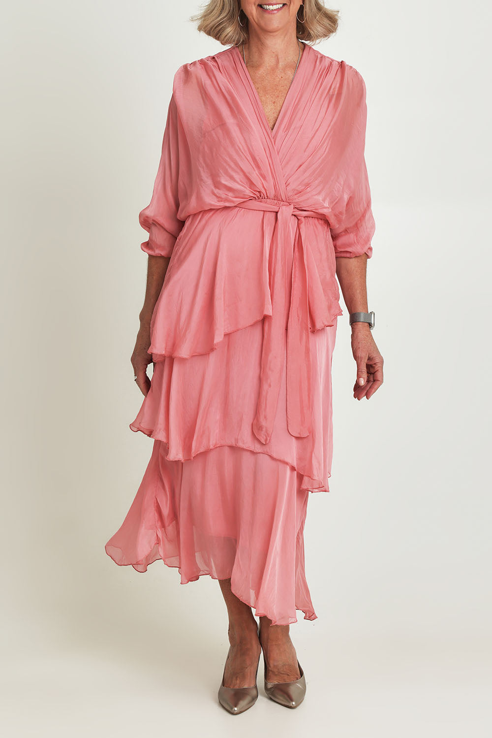 Model Sandy wearing the Long Sleeve Silk Dress in colour Darkpink (Pink), from the front, cropped image
