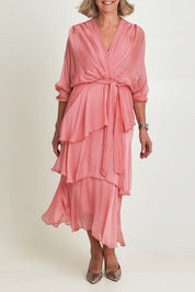 Model Sandy wearing the Long Sleeve Silk Dress in colour Darkpink (Pink), from the front, cropped image
