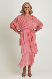 Model Sandy wearing the Long Sleeve Silk Dress in colour Darkpink (Pink), from the front, showing the whole outfit