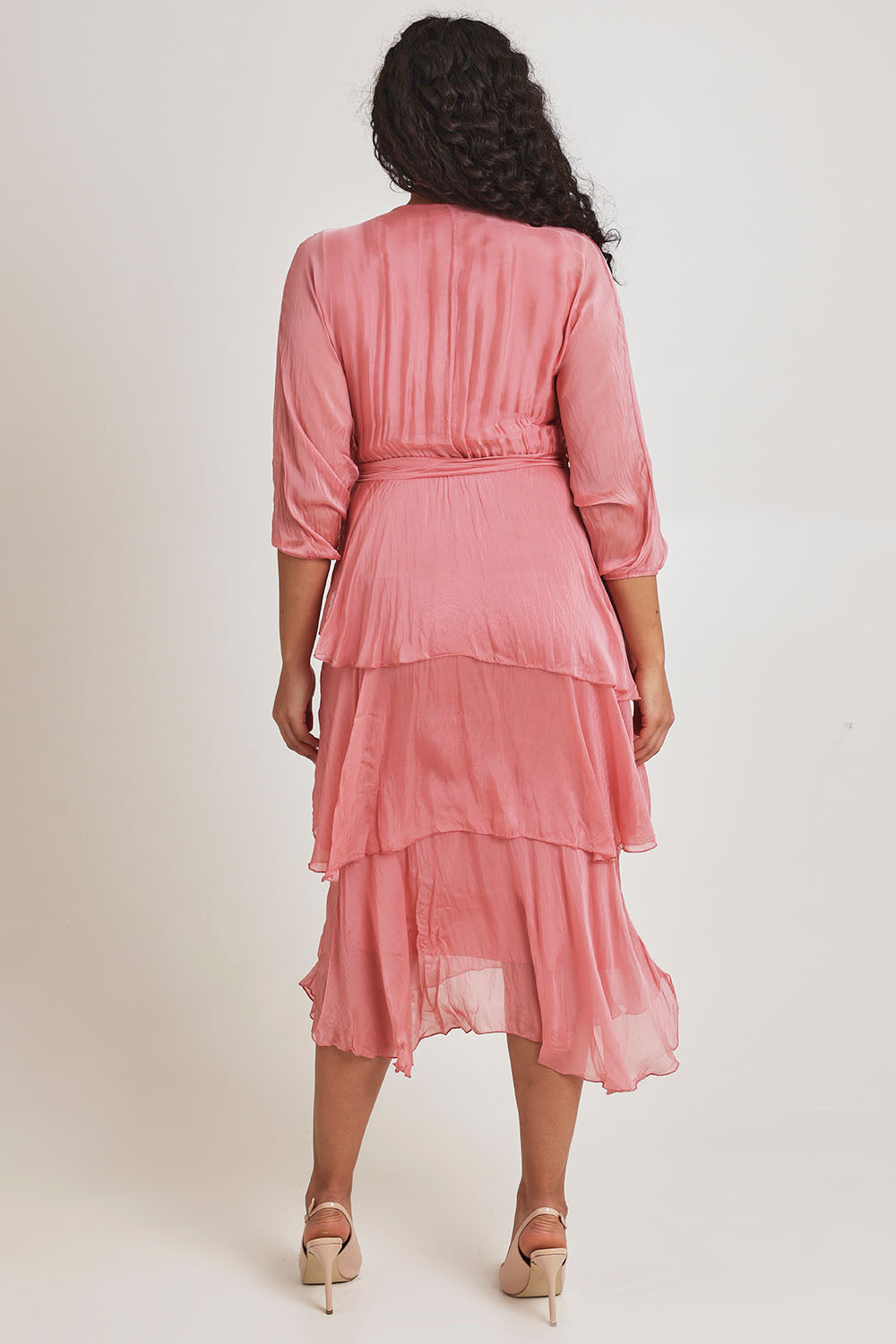 Model Terri-Leigh wearing the Long Sleeve Silk Dress in colour Darkpink (Pink), from the back