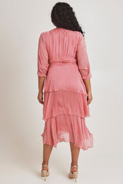 Model Terri-Leigh wearing the Long Sleeve Silk Dress in colour Darkpink (Pink), from the back