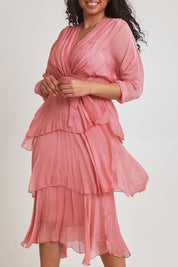 Model Terri-Leigh wearing the Long Sleeve Silk Dress in colour Darkpink (Pink), from the front, cropped image