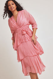 Model Terri-Leigh wearing the Long Sleeve Silk Dress in colour Darkpink (Pink), from the front, cropped image
