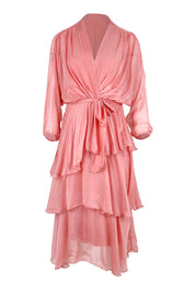 Product shot of the Long Sleeve Silk Dress in colour Darkpink (Pink), from the front