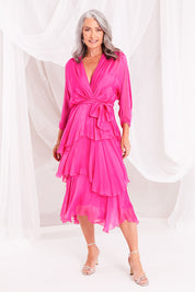 Model Luisa wearing the Long Sleeve Silk Dress in colour Raspberry (Pink), from the front, showing the whole outfit
