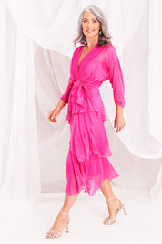Model Luisa wearing the Long Sleeve Silk Dress in colour Raspberry (Pink), from the front, showing the whole outfit