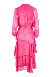 Product shot of the Long Sleeve Silk Dress in colour Raspberry (Pink), from the back