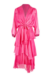 Product shot of the Long Sleeve Silk Dress in colour Raspberry (Pink), from the front