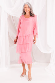 Model Luisa wearing the Overlay Silk Dress in colour Darkpink (Pink), from the front, showing the whole outfit