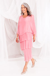 Model Luisa wearing the Overlay Silk Dress in colour Darkpink (Pink), from the front, showing the whole outfit