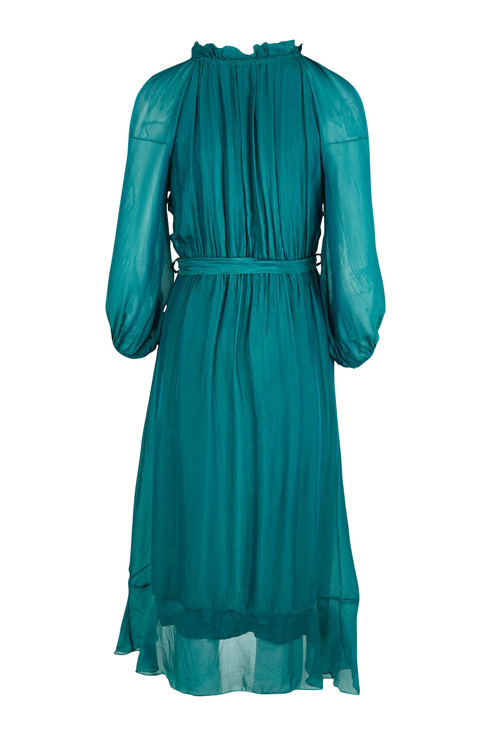Product shot of the Frill Tie Neck Dress in colour Teal (Green), from the back