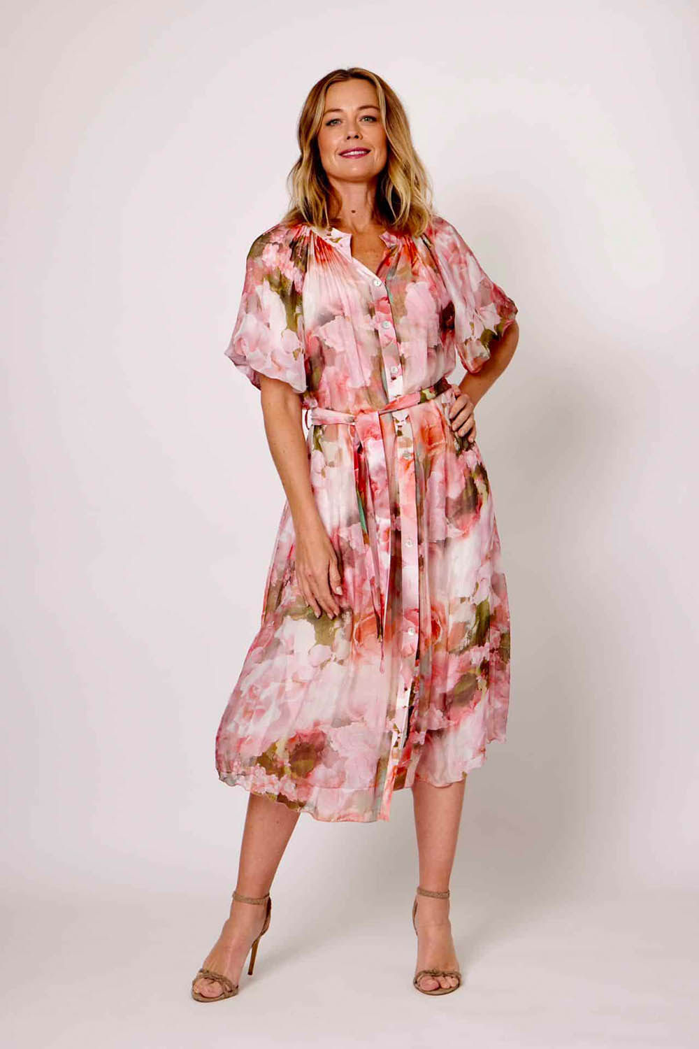 Model Genericm wearing size sample of the Silk Blend Belted Shirt Dress - Pinkolivefloral in colour Pinkolivefloral, from the front