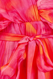 Product shot of the Short Sleeve Silk Blend Print Dress in colour Orangepink (Pink), detail